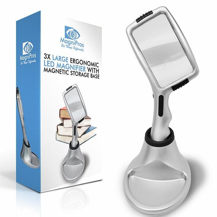 Magnipros Large 3X Magnifying Glass with 10 Dimmable LED Lights + Magnetic Base - Senior.com Handheld Magnifiers